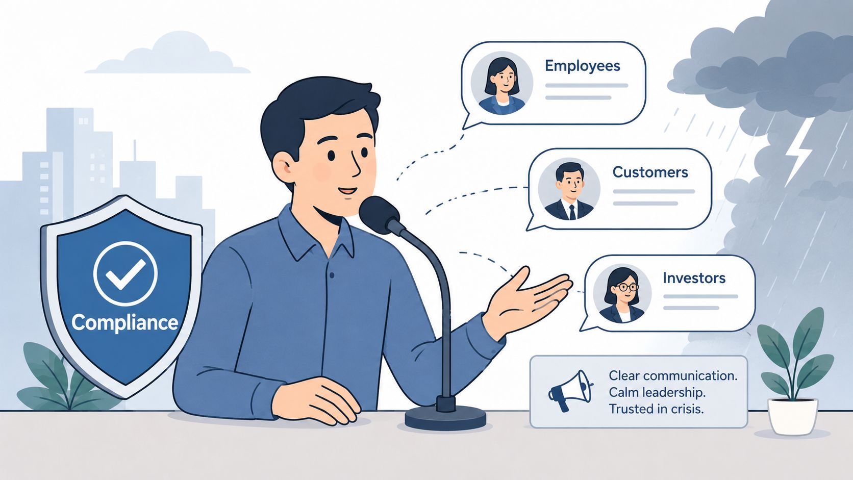 A professional man speaks into a microphone, communicating with employees, customers, and investors during a crisis.