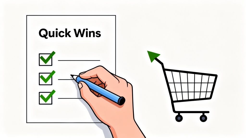 A hand using a pen to check off boxes on a Quick Wins list near a shopping cart.
