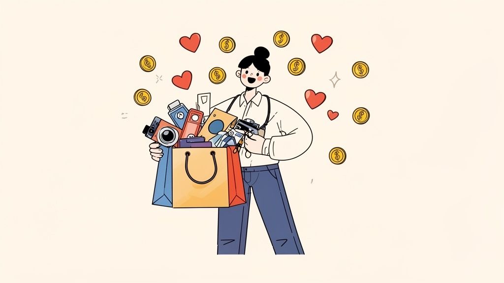 A happy shopper carrying a shopping bag overflowing with various items surrounded by floating hearts and coins.