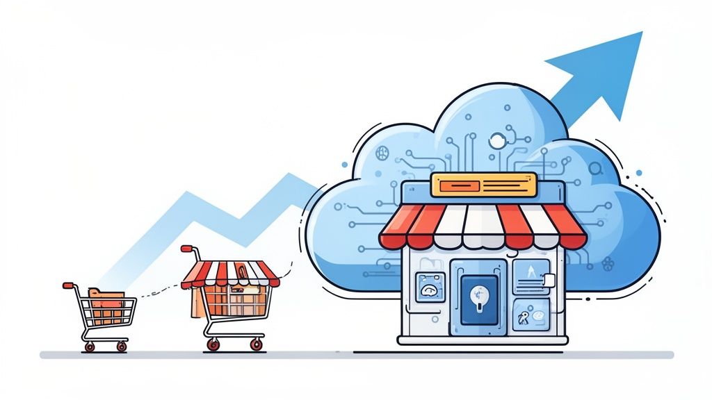A digital illustration showing a shopping cart traveling towards a cloud-based storefront with a rising arrow graph.