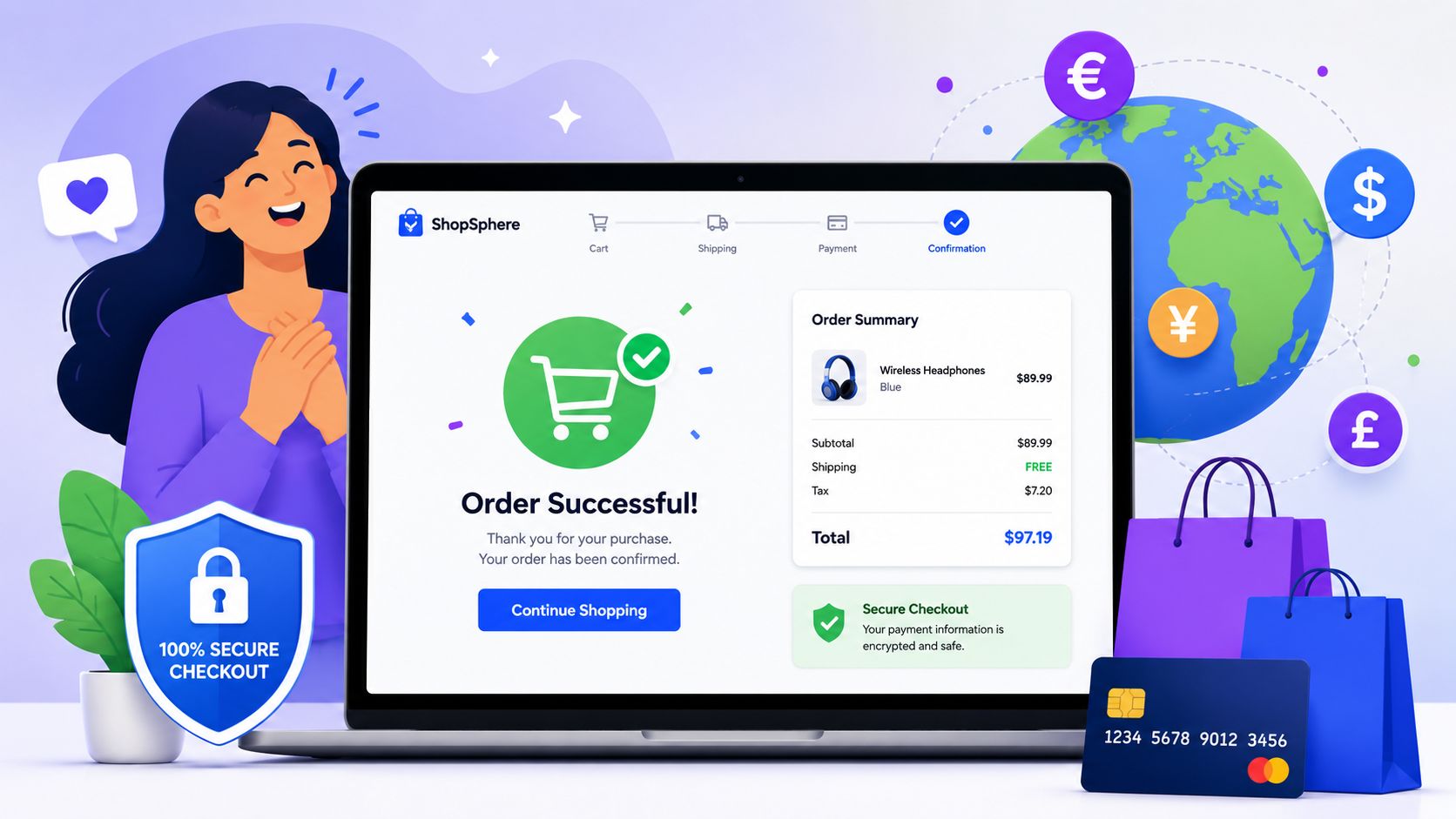 An illustration of a successful online purchase confirmation screen with shopping bags, credit card, and global currencies.