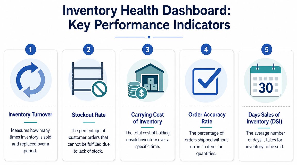 An infographic titled Inventory Health Dashboard showcasing five key performance indicators for inventory management success.