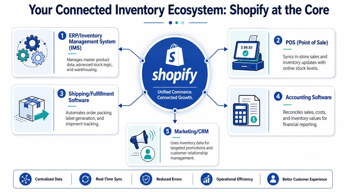 A diagram illustrating Shopify as the core hub for a connected ecommerce inventory management ecosystem.