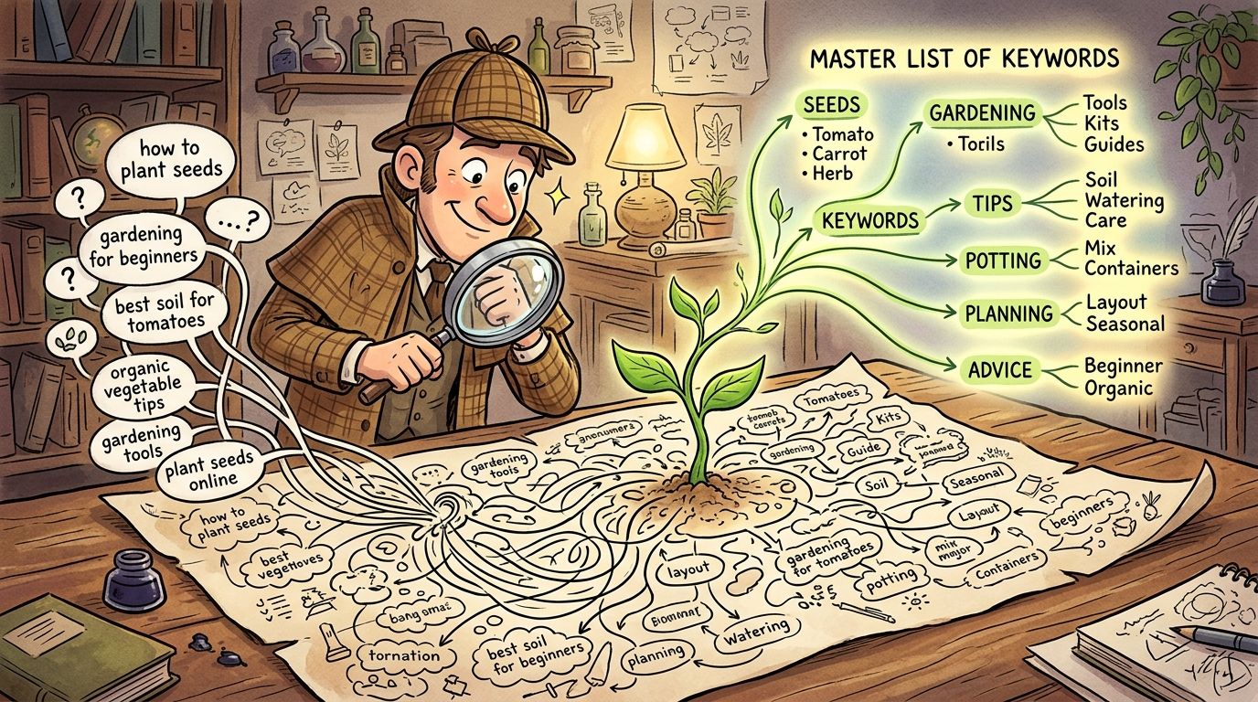 A detective examines a complex mind map connecting various gardening topics on a desk with a magnifying glass.