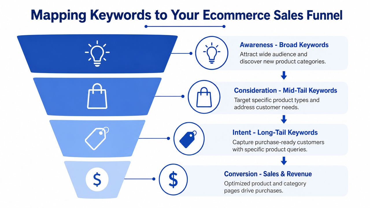 A funnel diagram illustrating how to map different types of SEO keywords to ecommerce sales stages.