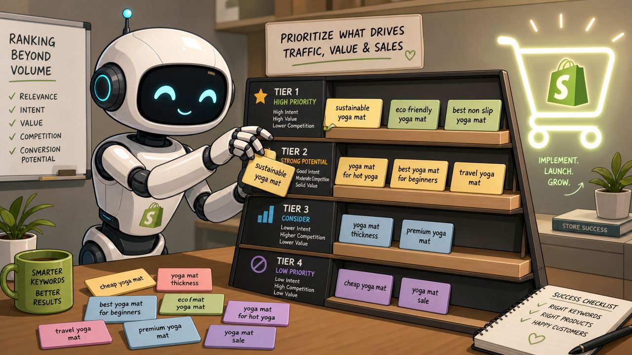 A robot organizer categorizes yoga mat keywords into priority tiers to improve e-commerce store traffic and sales.