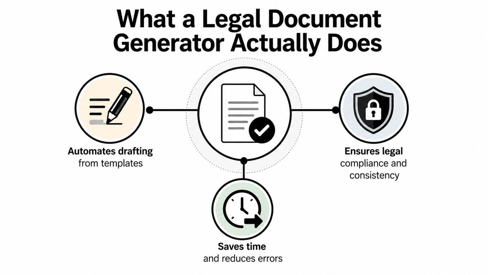 A diagram illustrating how a legal document generator automates drafting, ensures compliance, and improves efficiency.