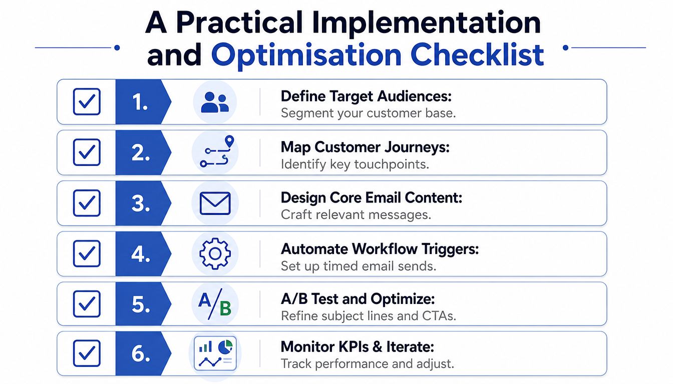 A six-step infographic checklist for the practical implementation and optimization of lifecycle email marketing strategies.