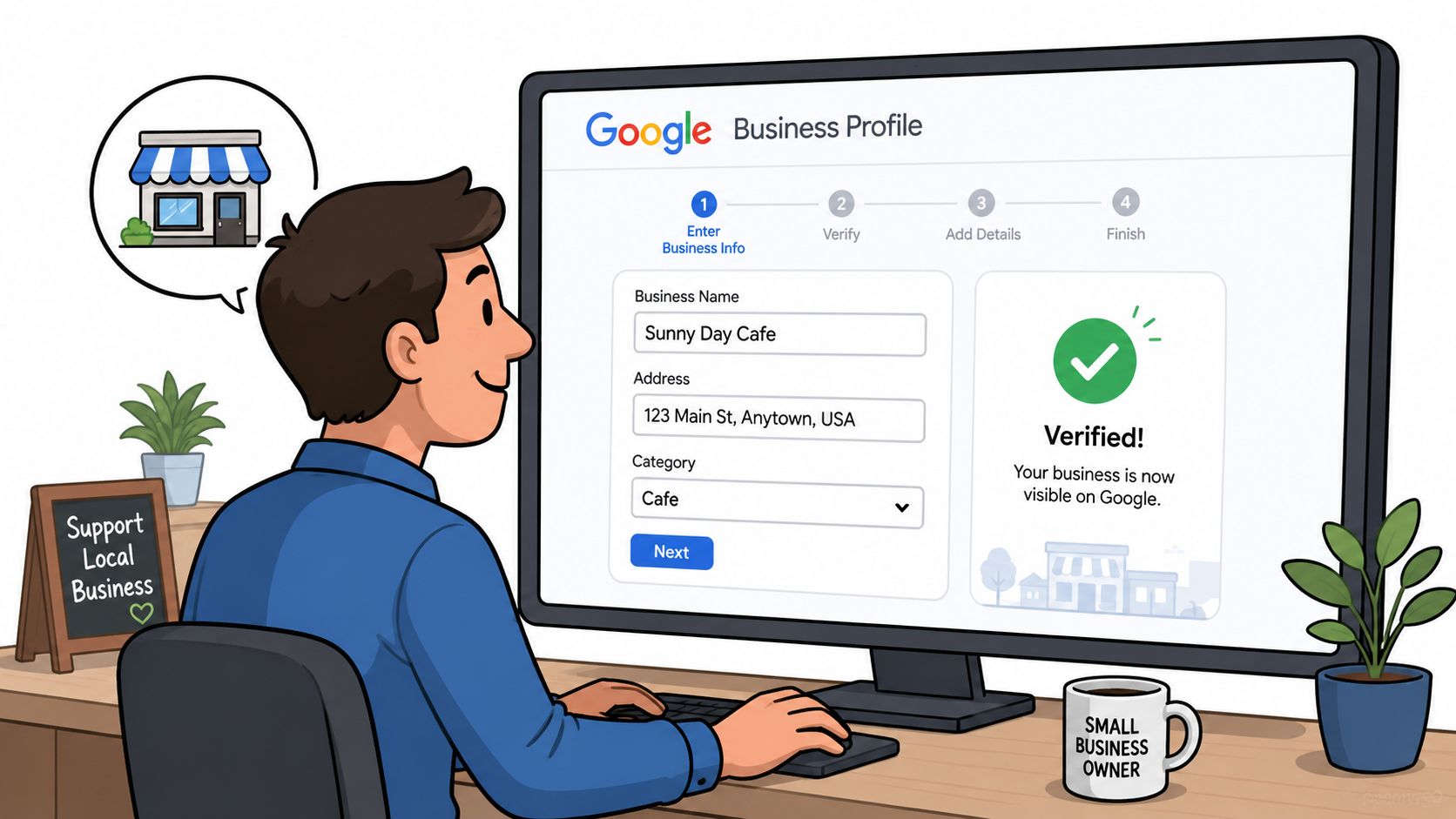 A small business owner using a computer to verify their cafe on Google Business Profile.