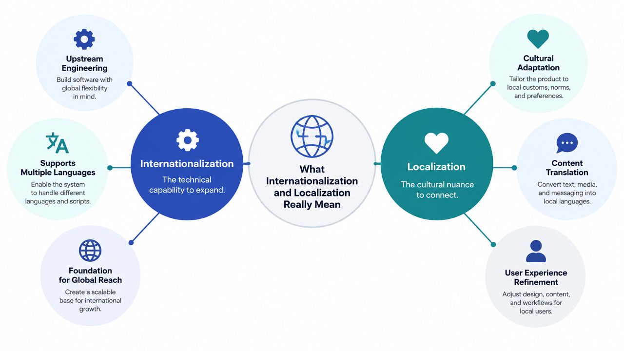 A diagram comparing internationalization and localization, detailing their respective technical and cultural functions for global business expansion.