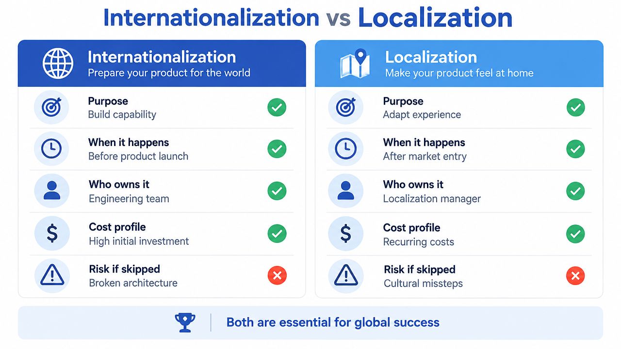 A comparison chart outlining the key differences between internationalization and localization processes for global product development.