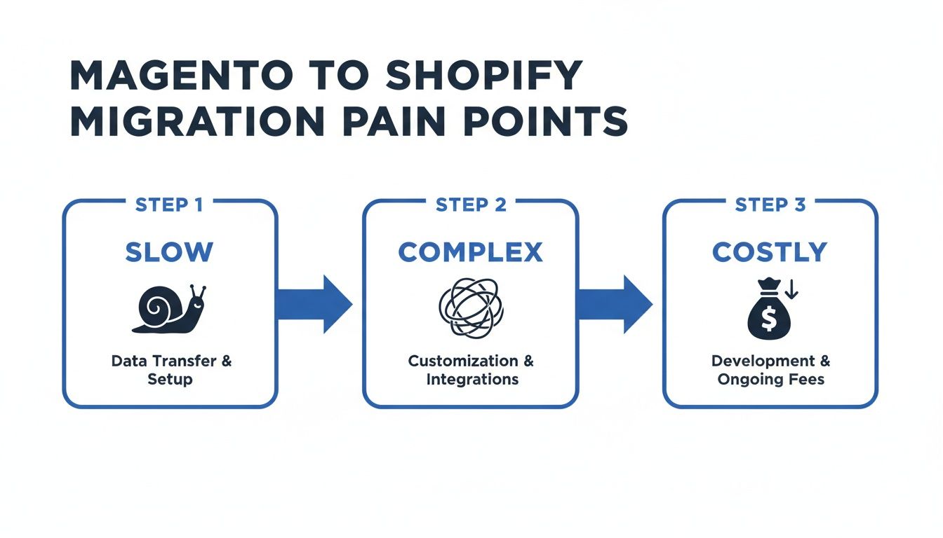 An infographic illustrating three pain points of Magento to Shopify migration: slow, complex, and costly.