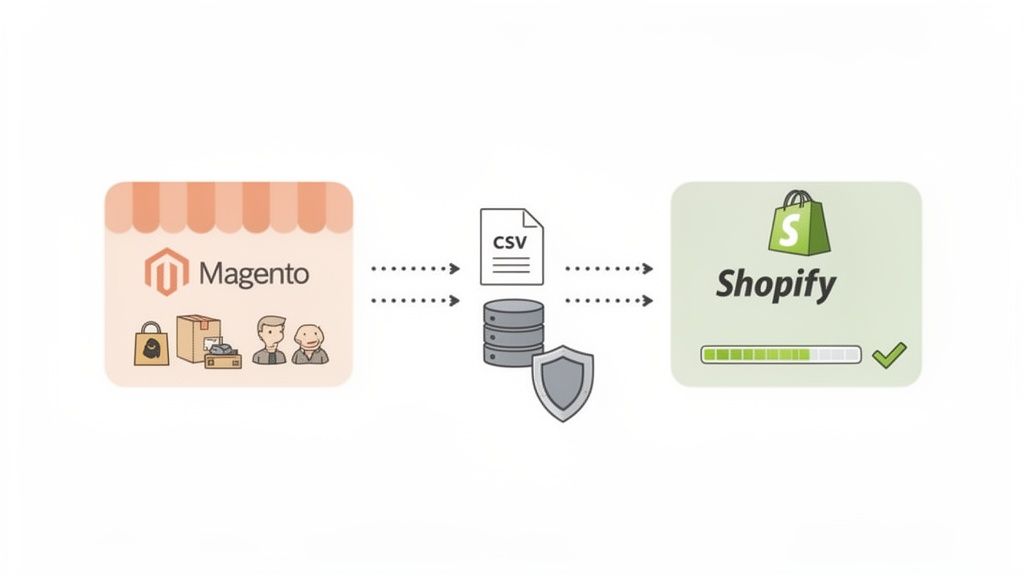 Secure migration of e-commerce data from Magento platform to Shopify using CSV and database.