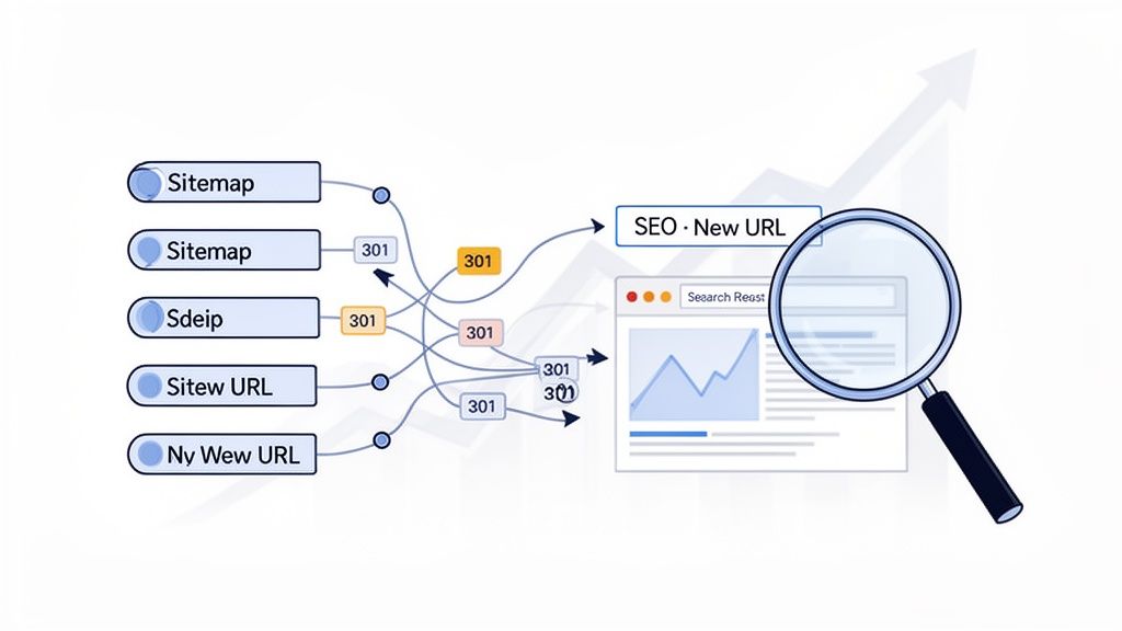 Diagram illustrating multiple website sources redirecting to a new SEO-optimized URL using 301 redirects, indicating improved search performance.