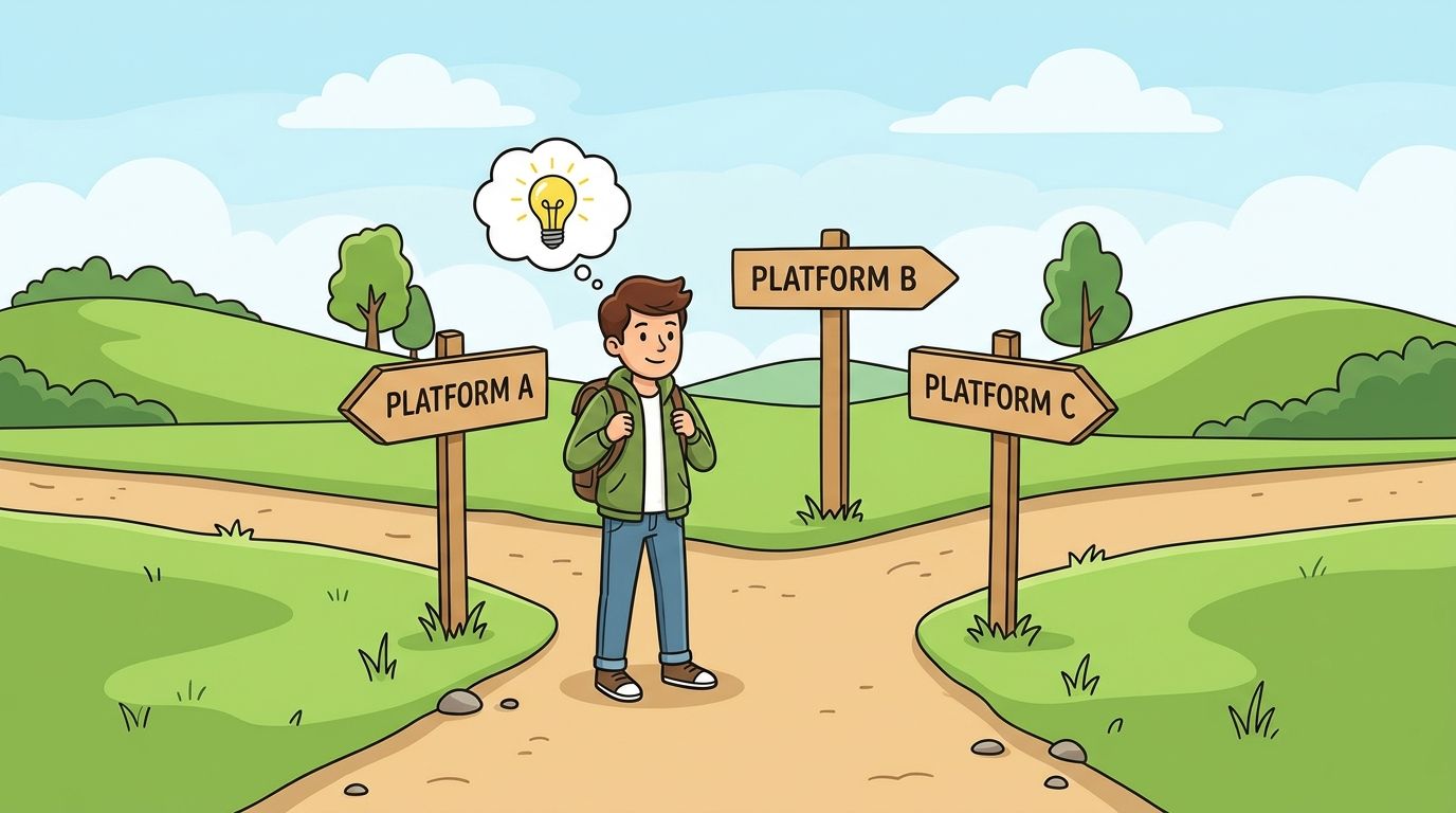 A young traveler standing at a fork in the road contemplating paths labeled Platform A, B, and C.
