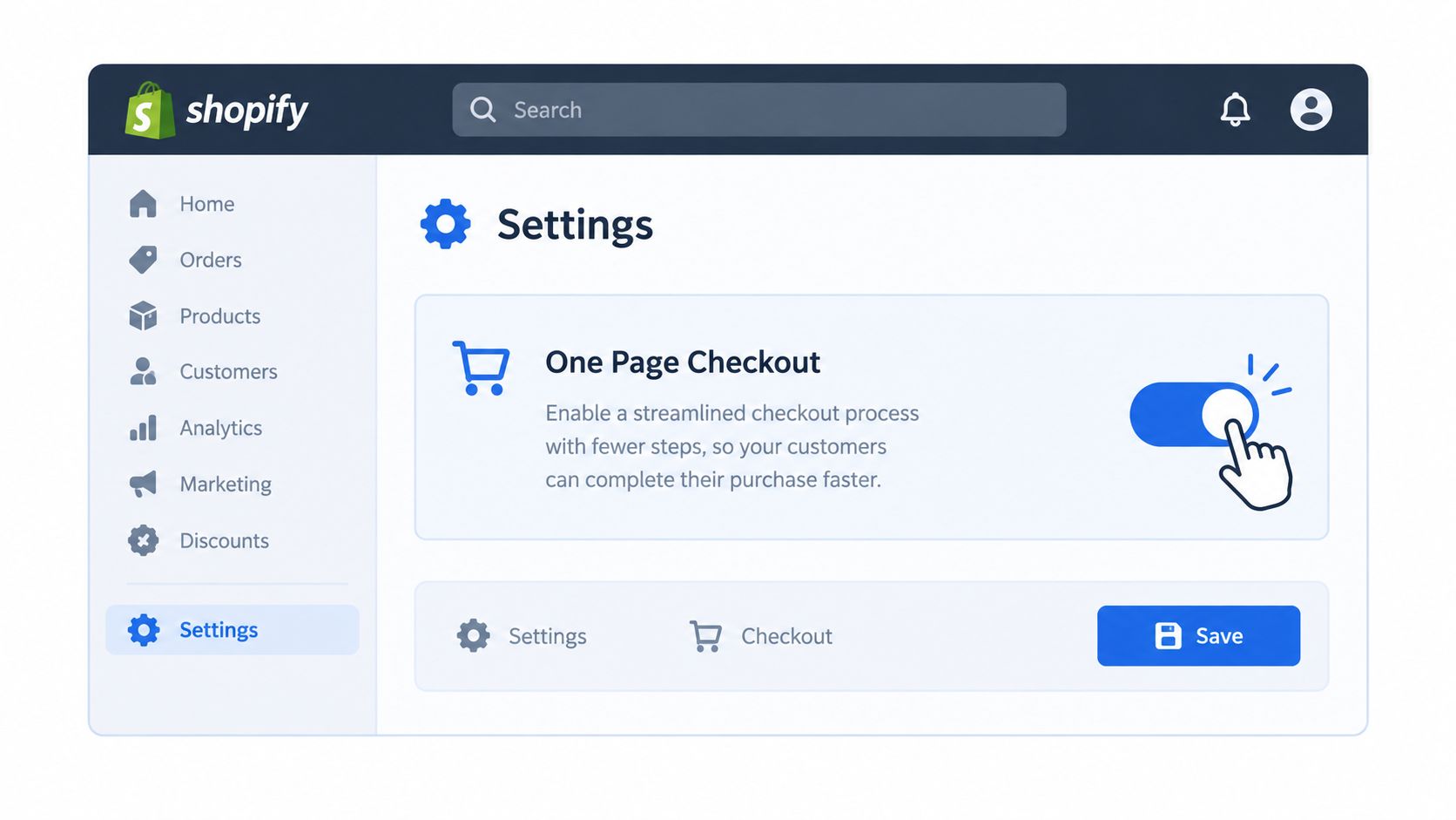 A digital interface showing the Shopify settings menu with an option to enable one page checkout.