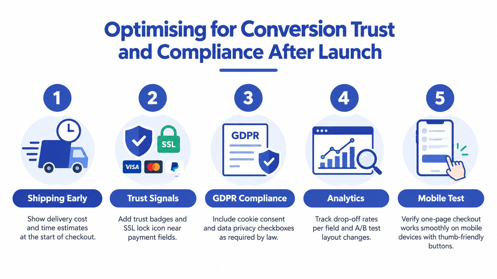 An infographic illustrating five key steps for optimizing conversion trust and compliance for e-commerce checkouts.