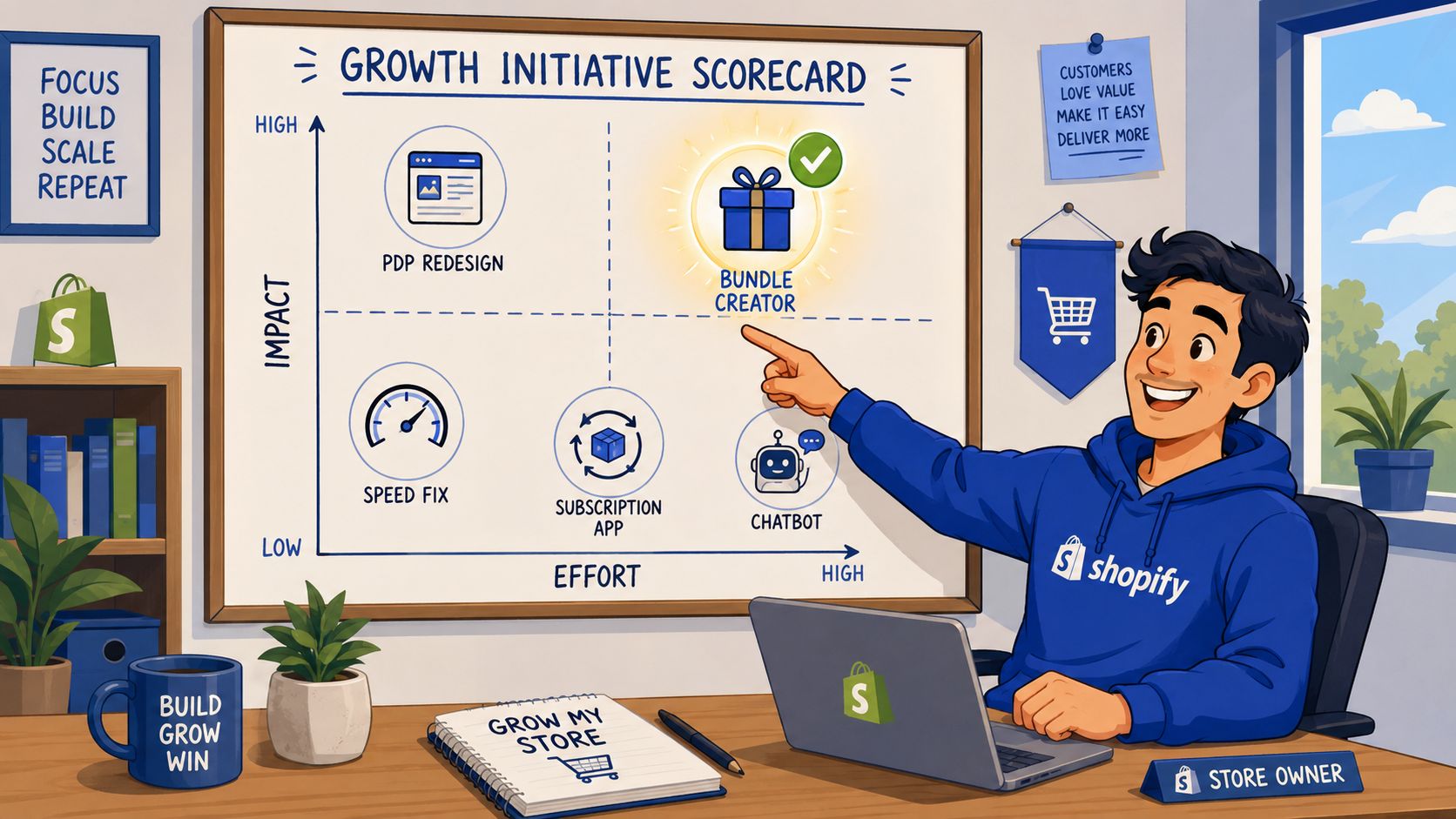 A Shopify store owner points to a growth initiative scorecard ranking projects by effort and impact levels.