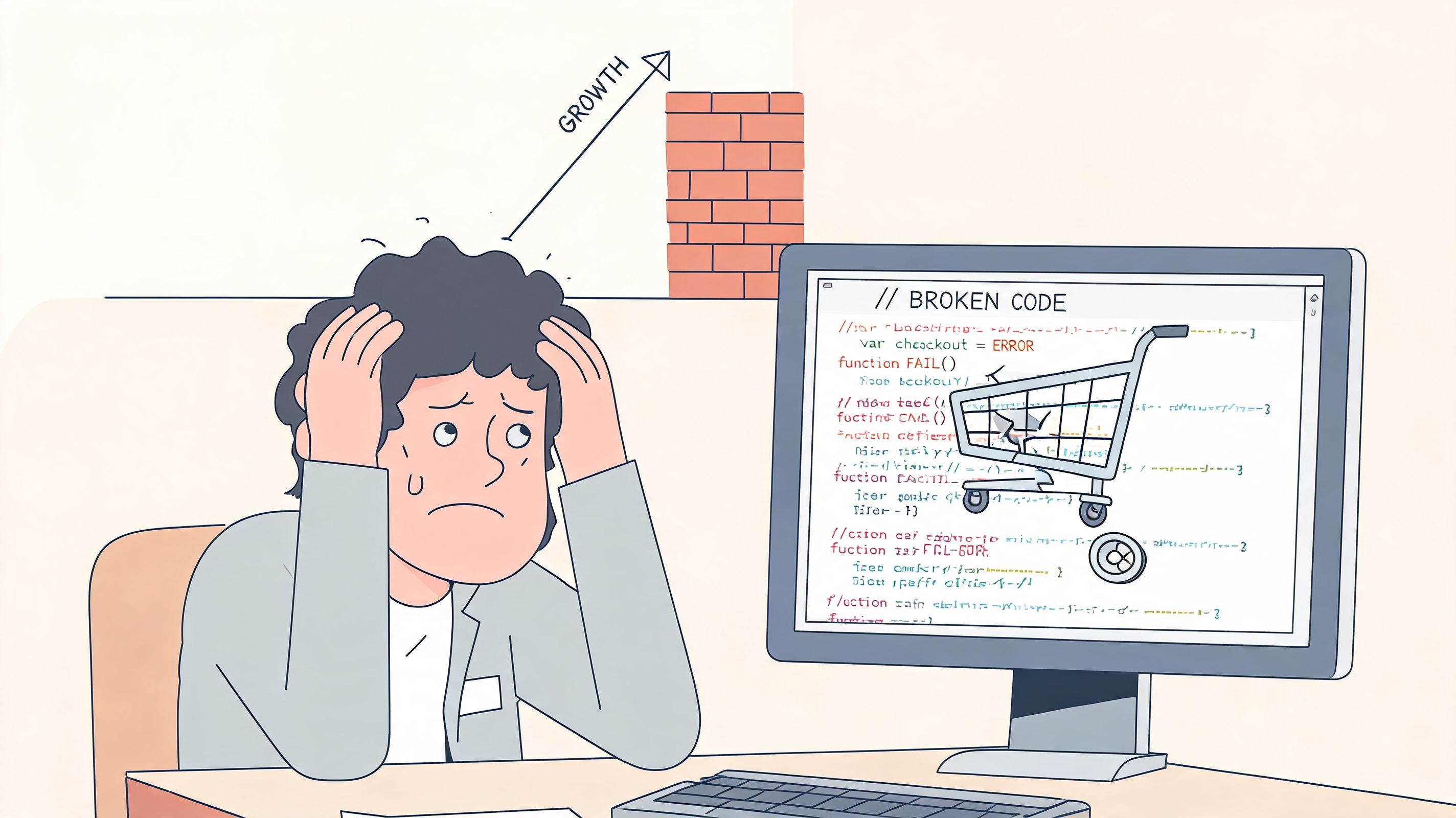 A stressed developer holding his head while looking at broken code and a damaged shopping cart on screen.