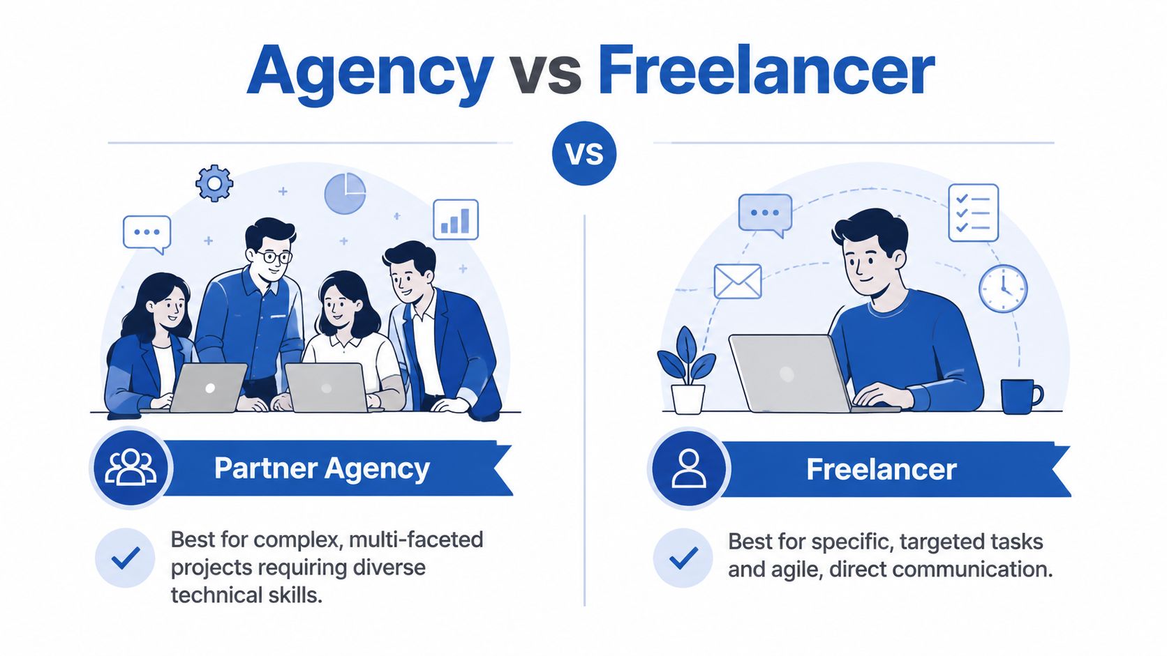 A comparative illustration displaying the differences between hiring a partner agency and working with an independent freelancer.