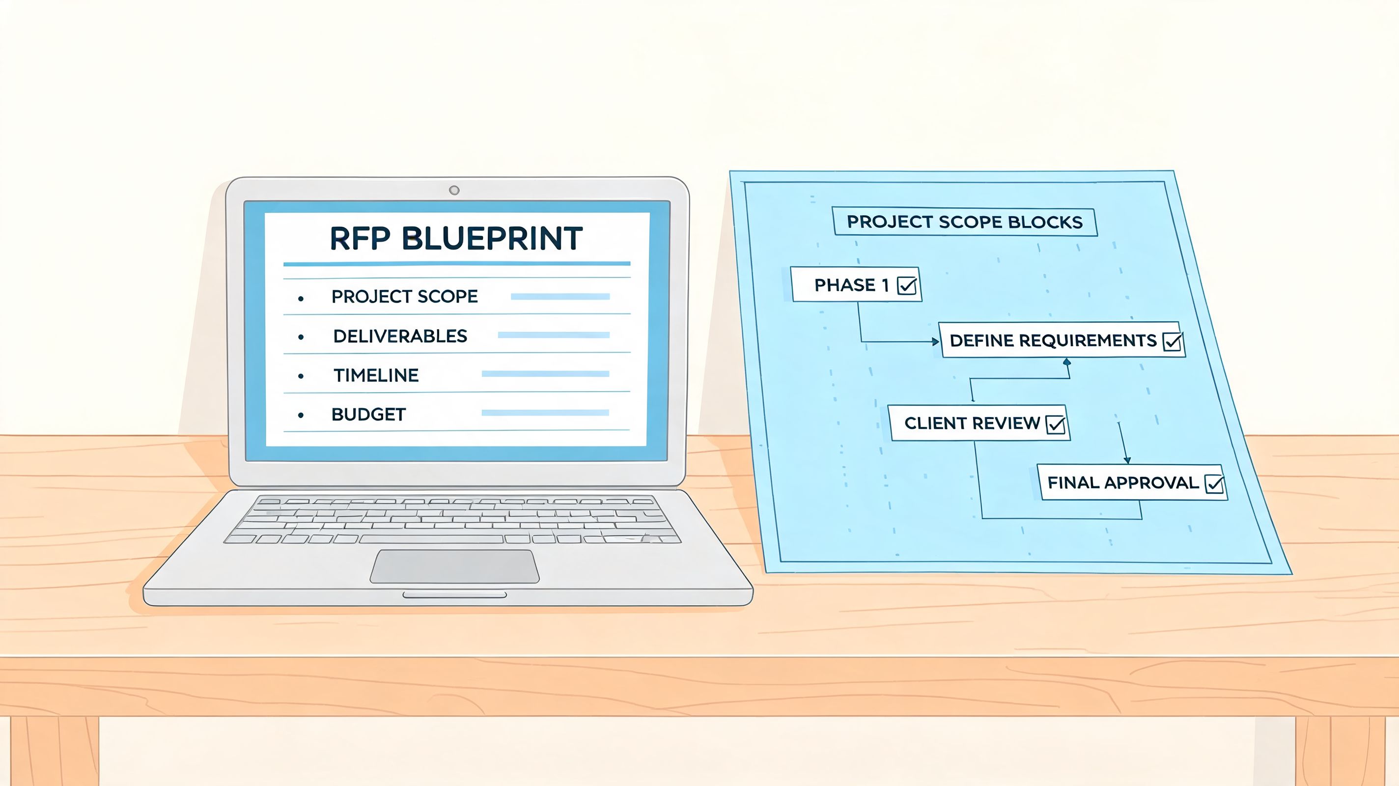 A laptop displaying an RFP blueprint next to a visual project scope flowchart on a wooden table.