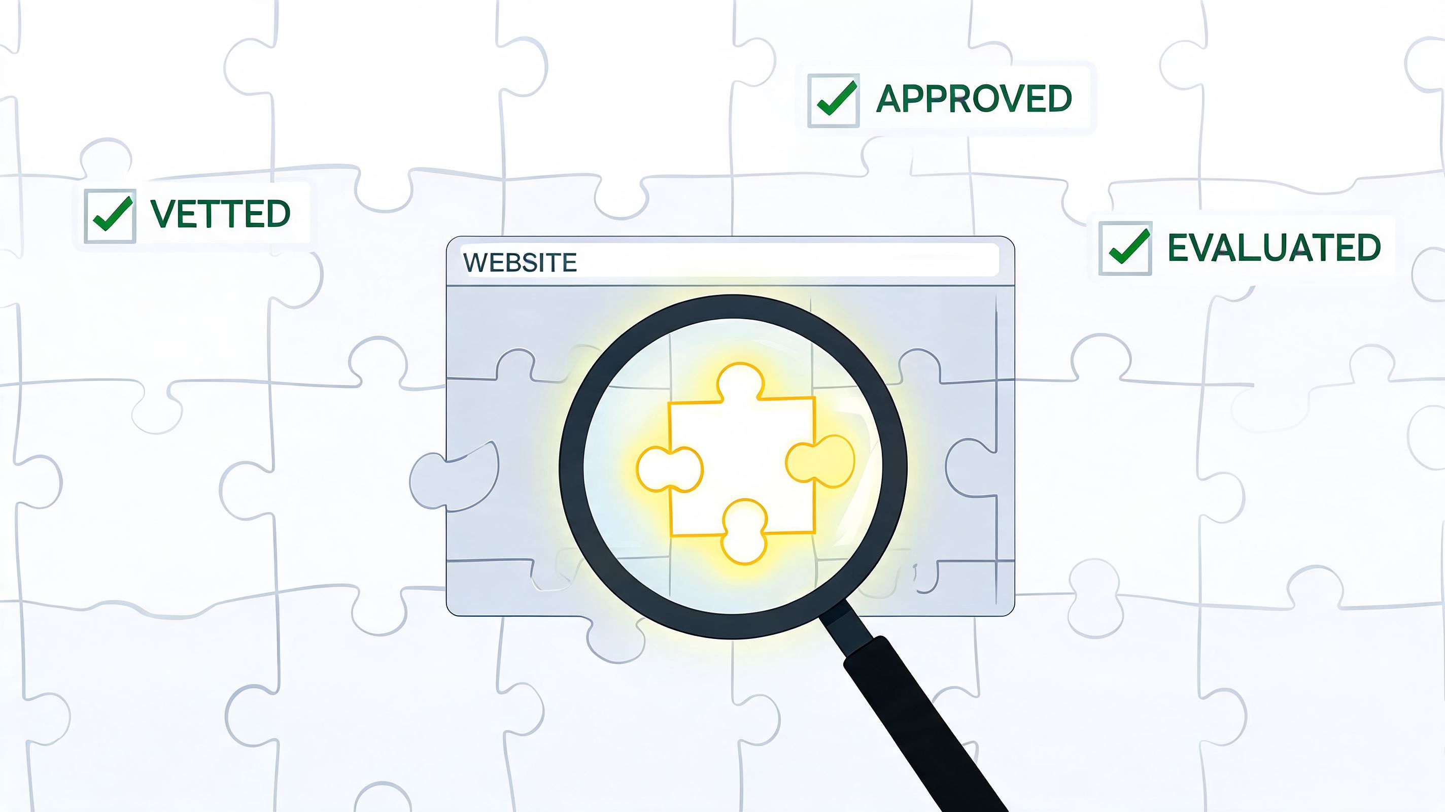 A magnifying glass inspecting a golden puzzle piece on a website interface, symbolizing vetting and approval processes.