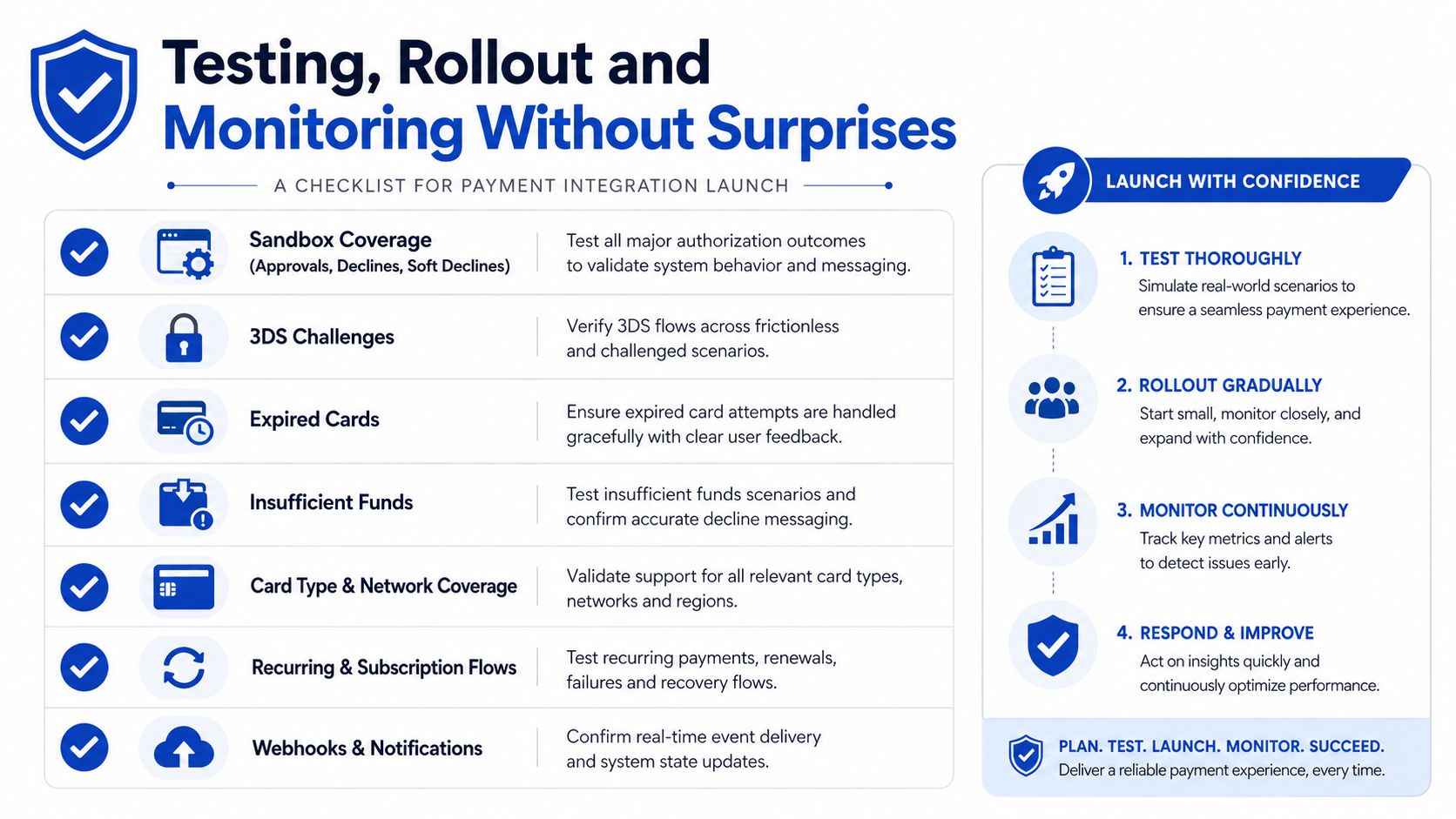 A checklist infographic detailing essential steps for testing, rolling out, and monitoring a payment integration system.