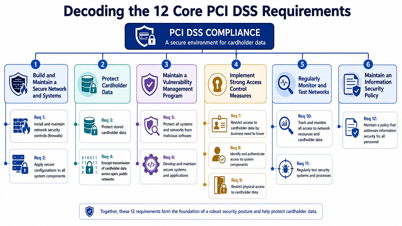 A diagram outlining the 12 core PCI DSS compliance requirements for protecting cardholder data in systems.