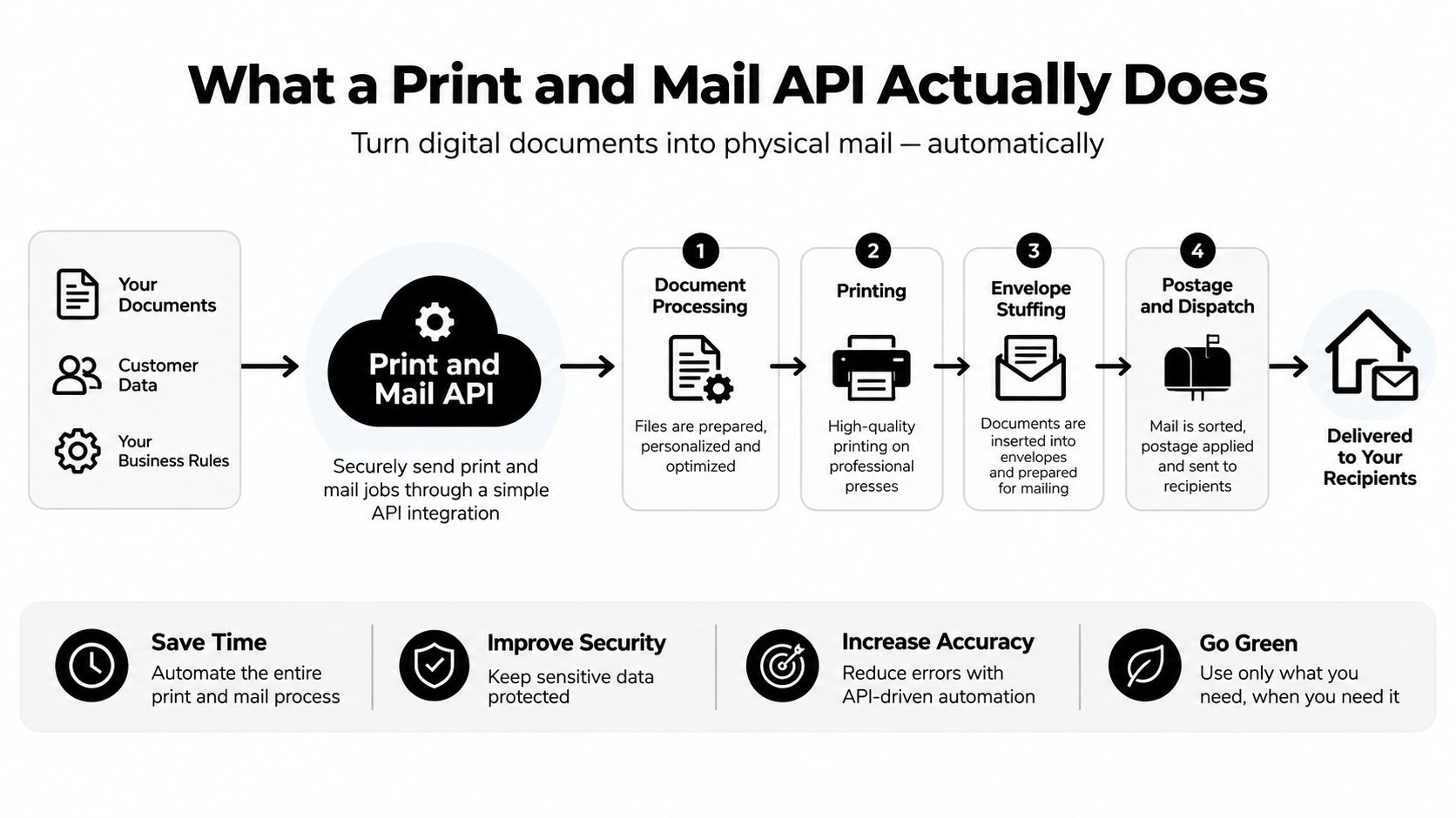 A diagram illustrating the automated workflow of a print and mail API service from digital files to delivery.