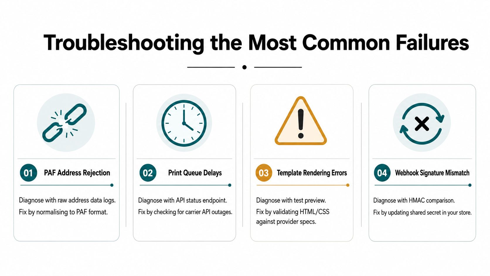 A four-step infographic illustrating methods to troubleshoot common technical failures in a printing and mailing system.