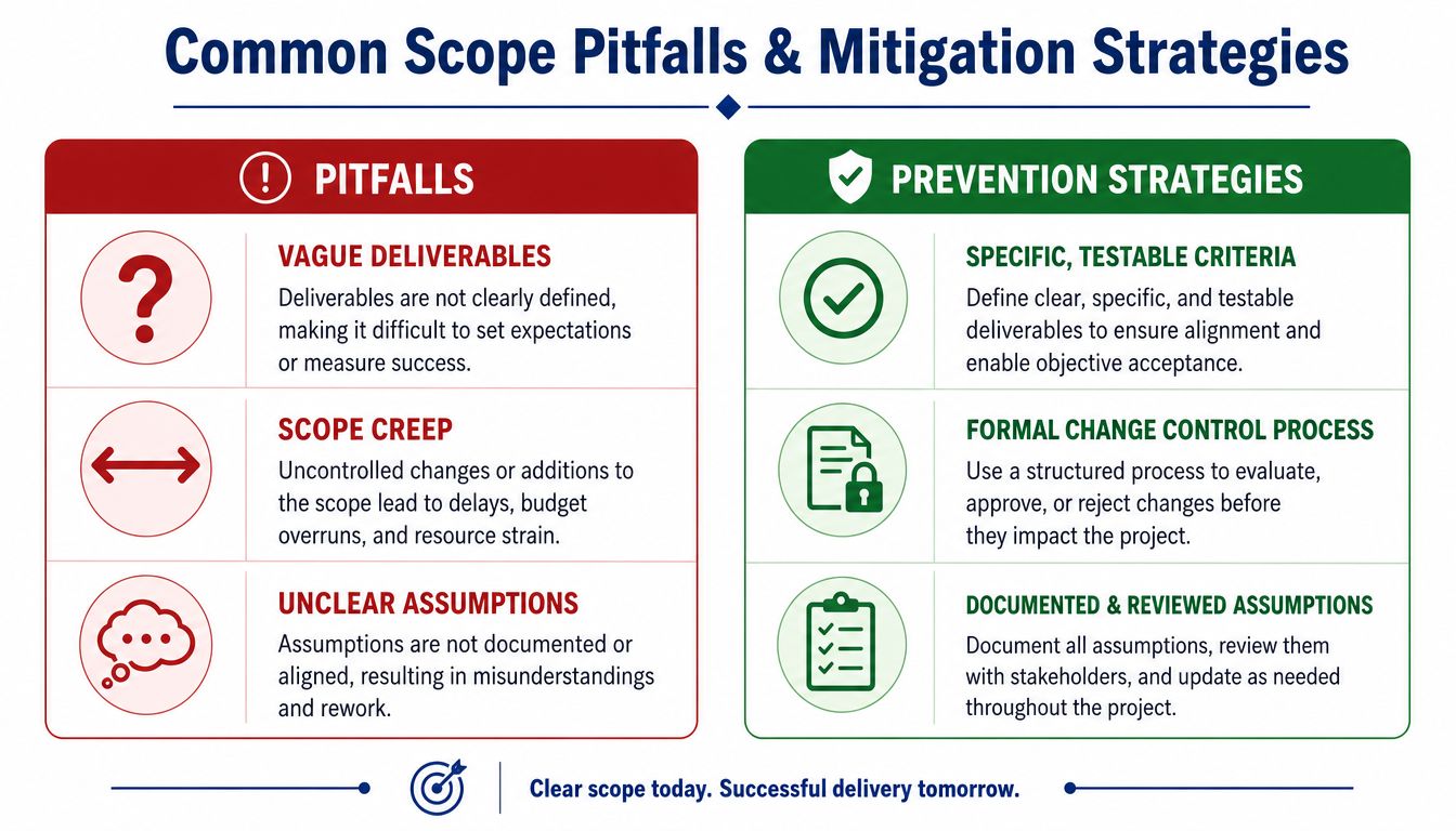 A structured infographic illustrating common project scope pitfalls on the left and effective mitigation strategies on the right.