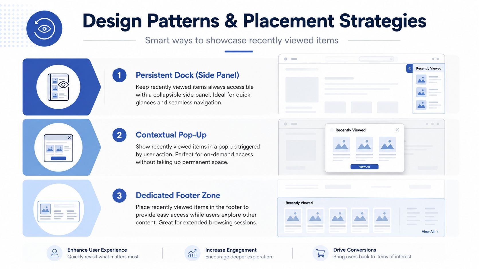 An infographic illustrating three design patterns for displaying recently viewed items on websites, including side panels, pop-ups, and footers.