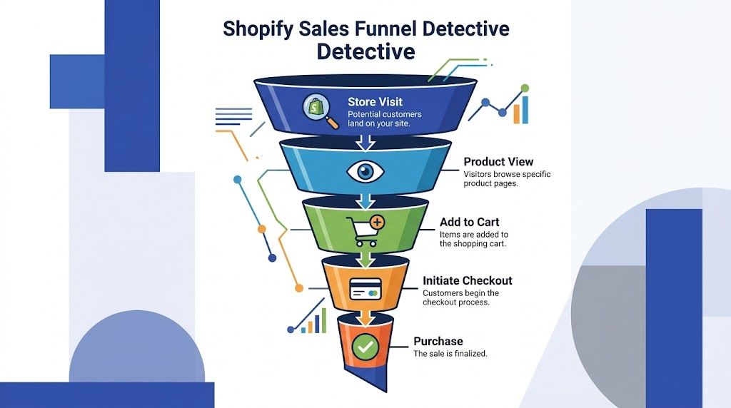 A funnel diagram illustrating the five key stages of the Shopify e-commerce customer purchase journey.