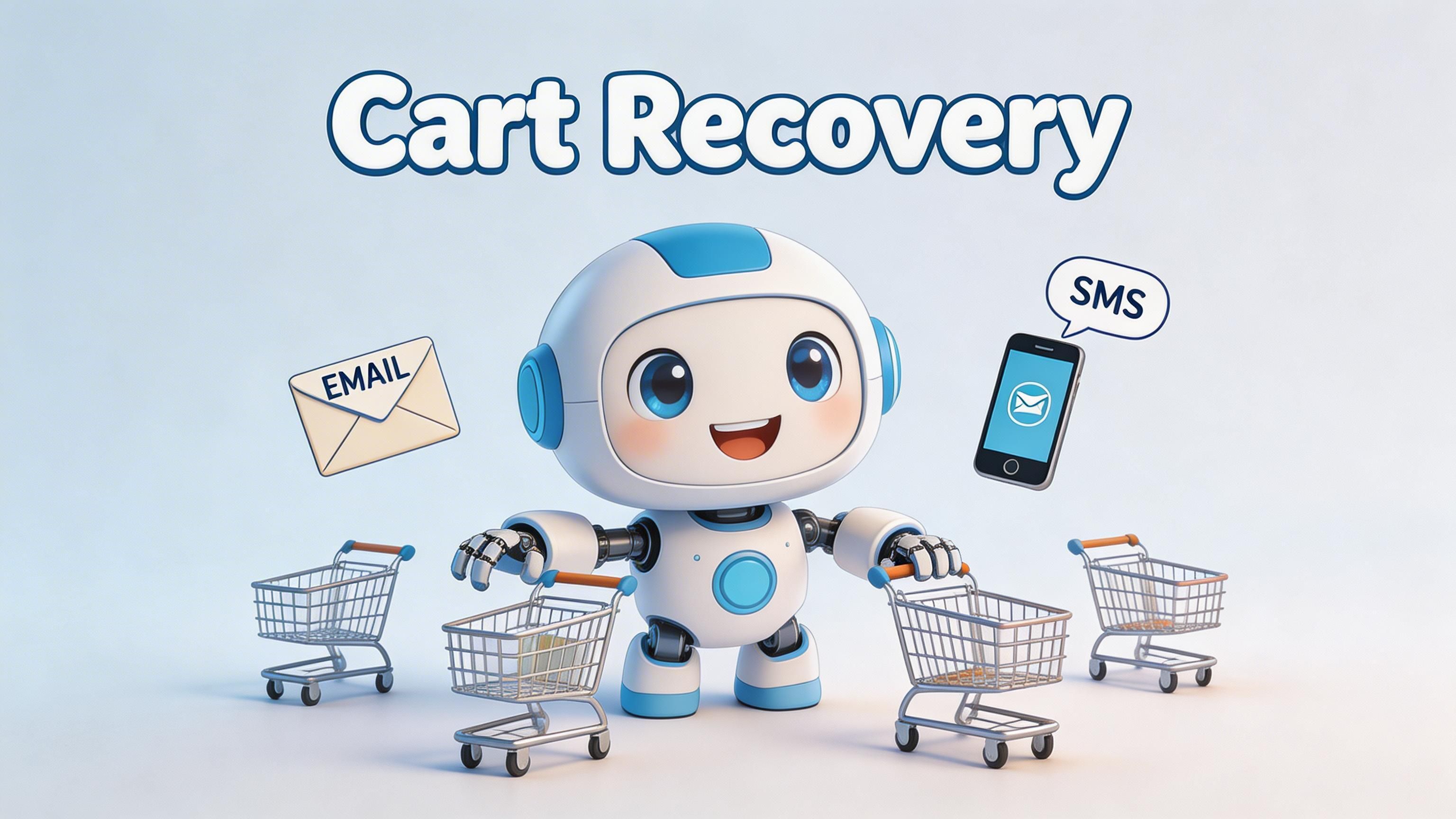 A cute robot managing shopping carts to represent automated email and SMS cart recovery for online stores.
