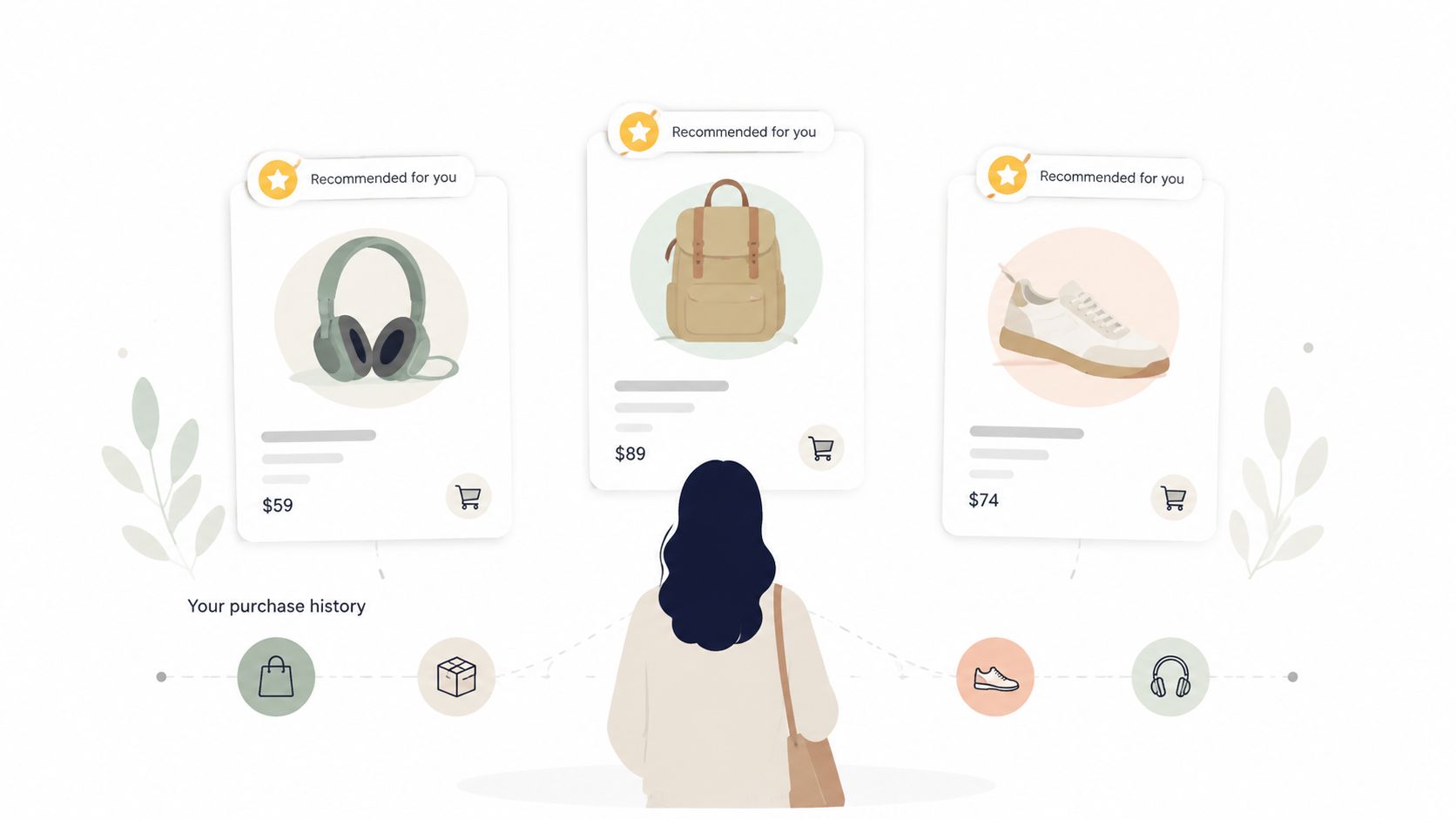 A shopper looking at personalized product recommendations for headphones, a backpack, and sneakers based on purchase history.