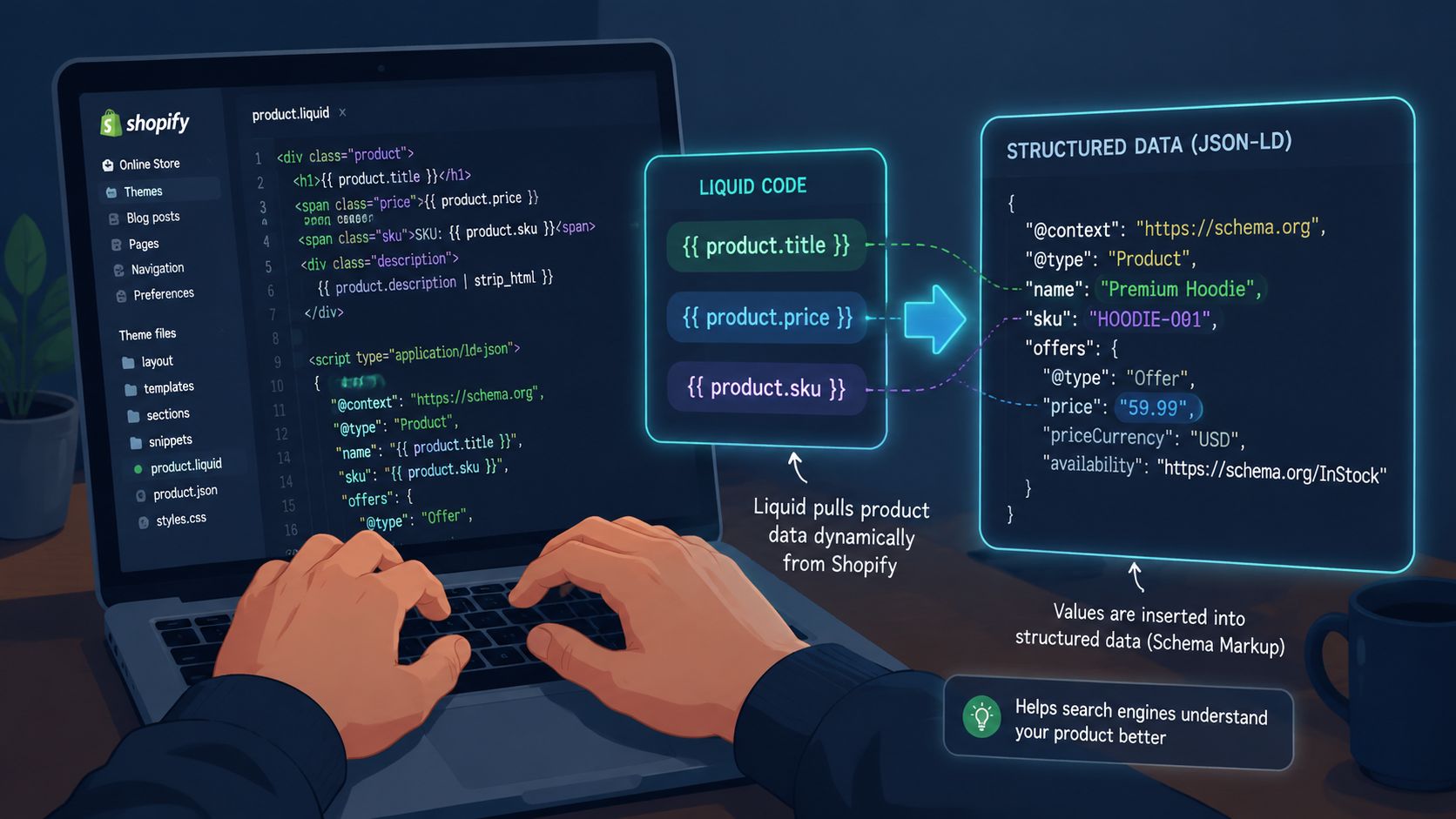 A developer using Shopify Liquid code to map product data into JSON-LD structured data for SEO.