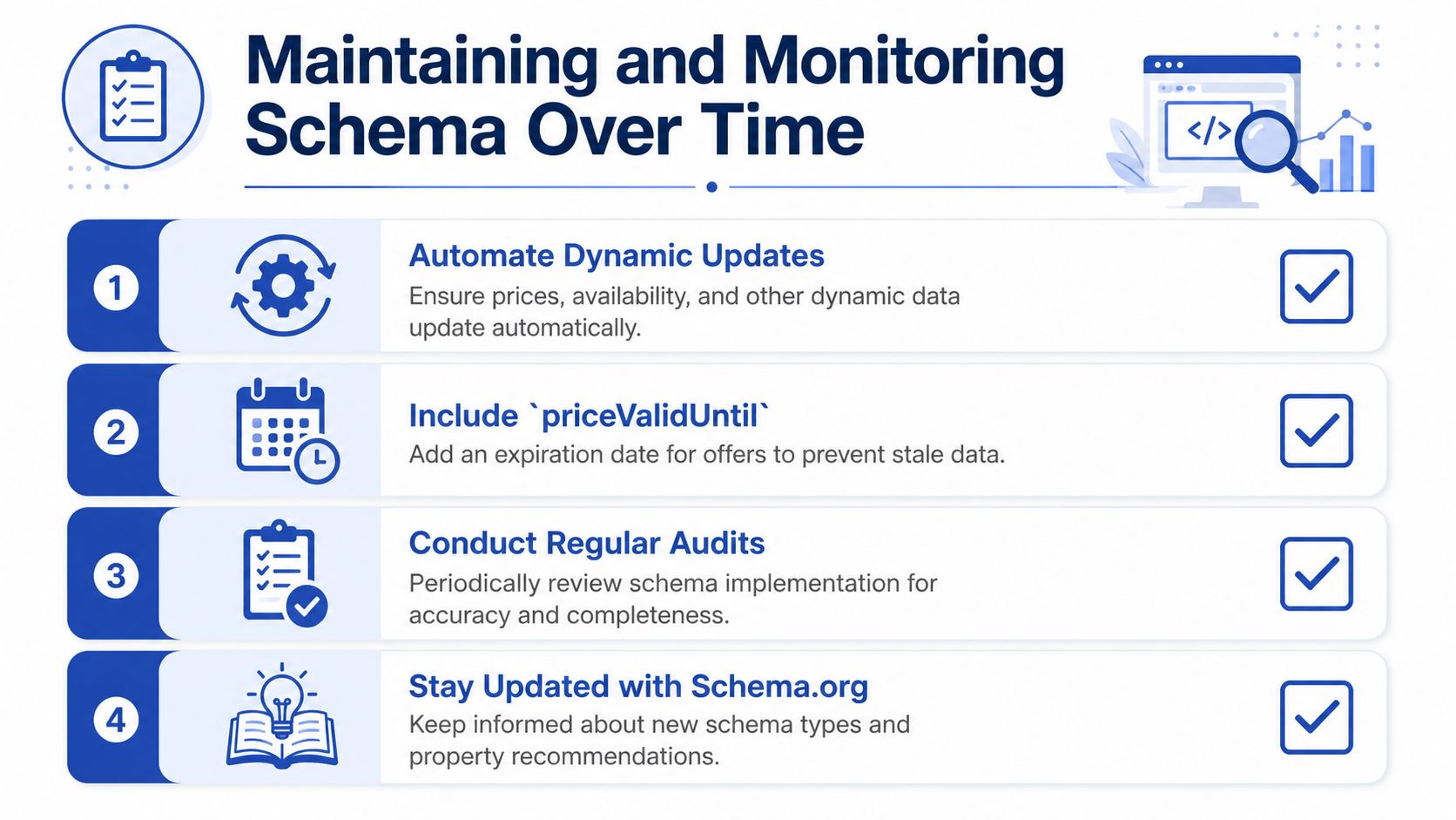 A guide infographic titled Maintaining and Monitoring Schema Over Time for ecommerce website optimization and best practices.