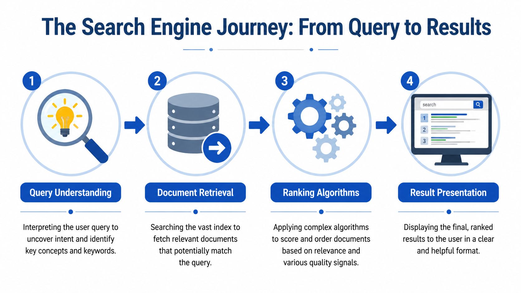 A four-step infographic explaining the search engine journey from user query to displaying ranked search results.