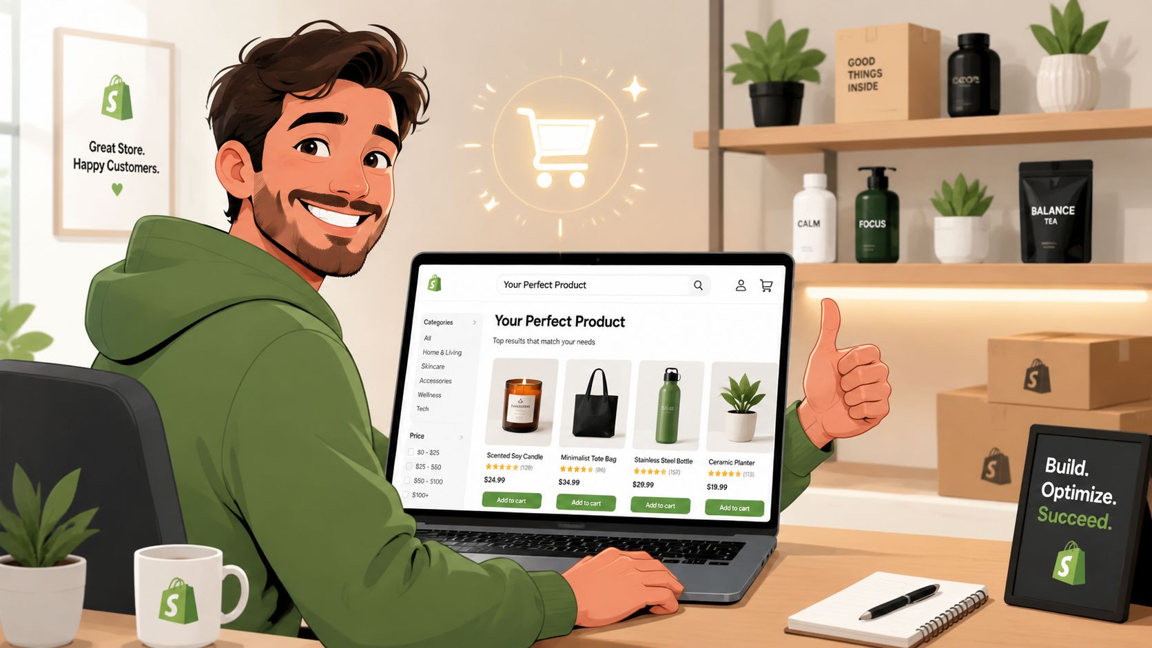 A friendly man using a laptop to manage an online shop interface with product listings and analytics.