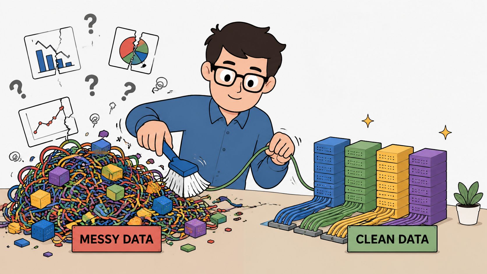 An illustration of a data scientist cleaning up a pile of messy data into organized servers.