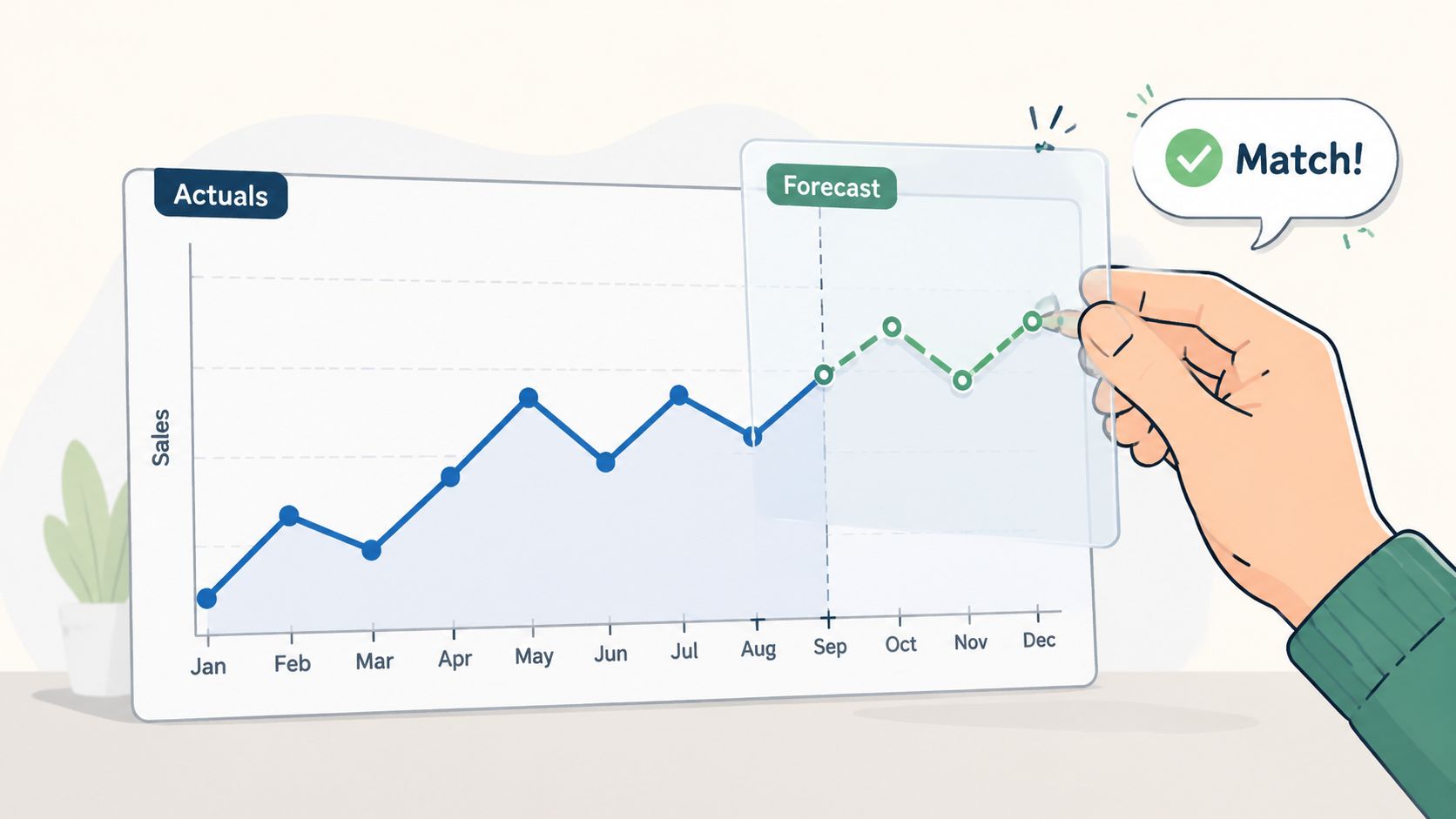 A hand placing a transparent forecast overlay onto a sales line chart showing monthly business growth.