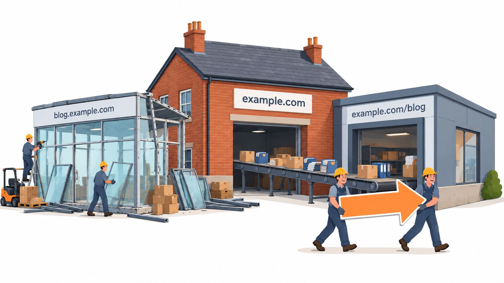 Construction workers moving a large orange arrow towards a structure labeled example.com/blog, illustrating website architecture.