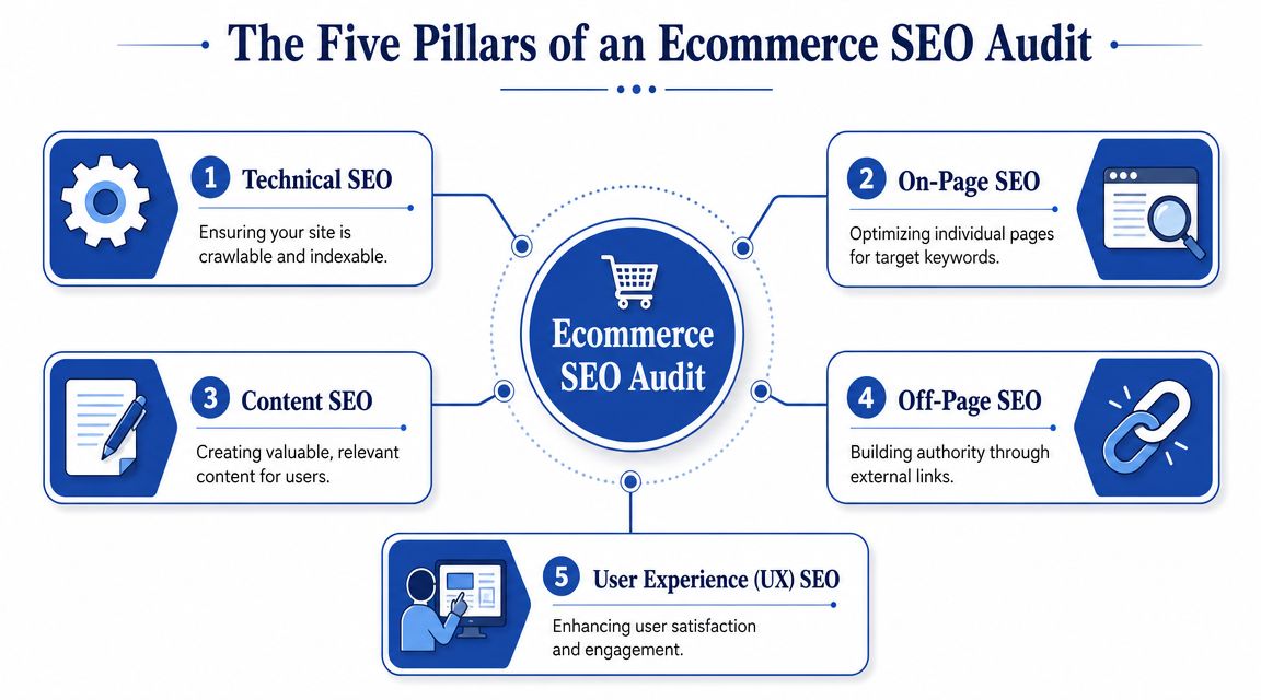 A diagram illustrating the five key components of an ecommerce SEO audit including technical, on-page, content, off-page, and user experience.