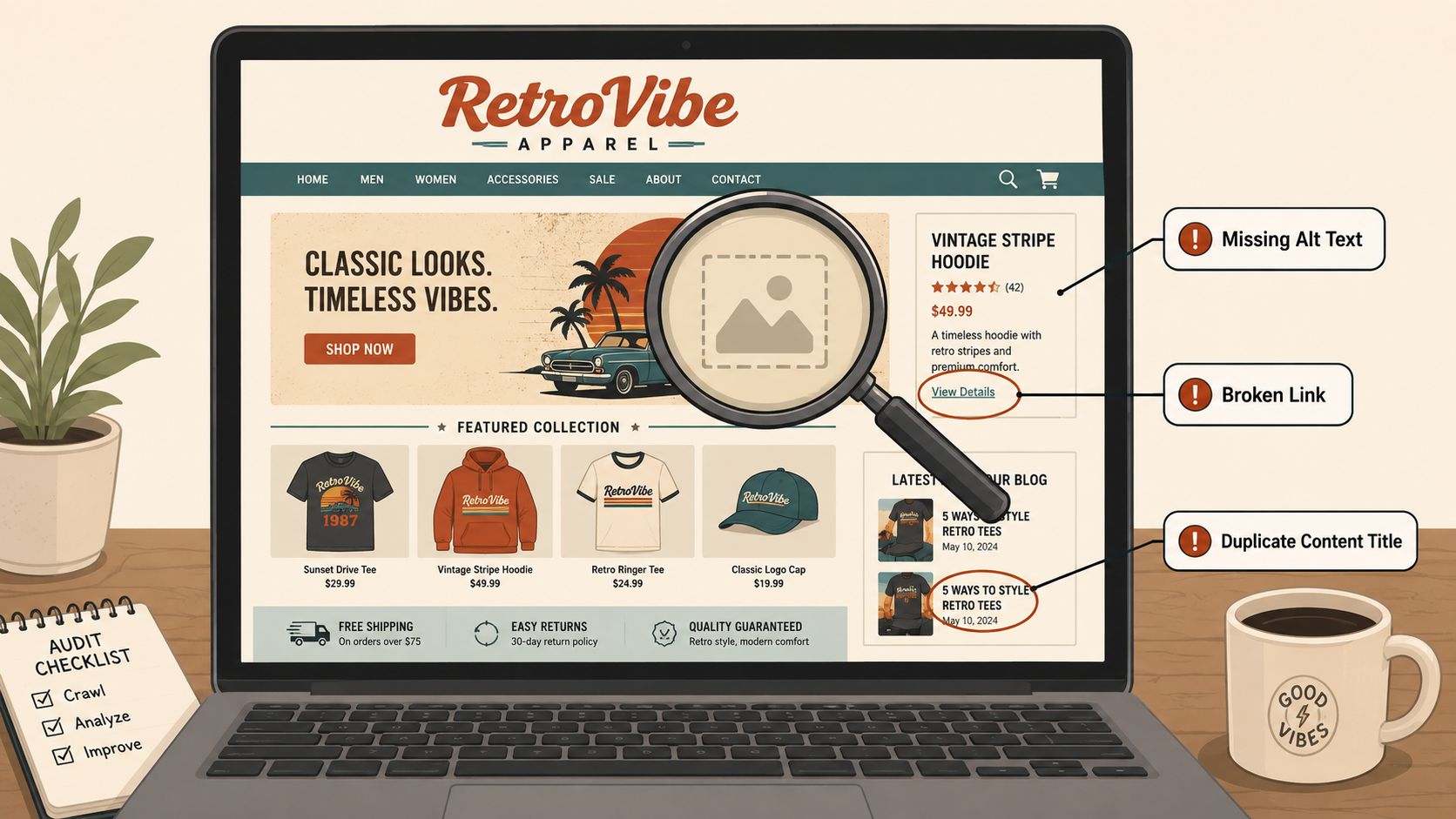A laptop screen displaying a website SEO audit, highlighting missing alt text, broken links, and duplicate content.