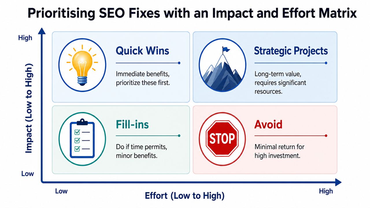 A 2x2 matrix chart for prioritizing SEO tasks based on their relative impact and effort levels.