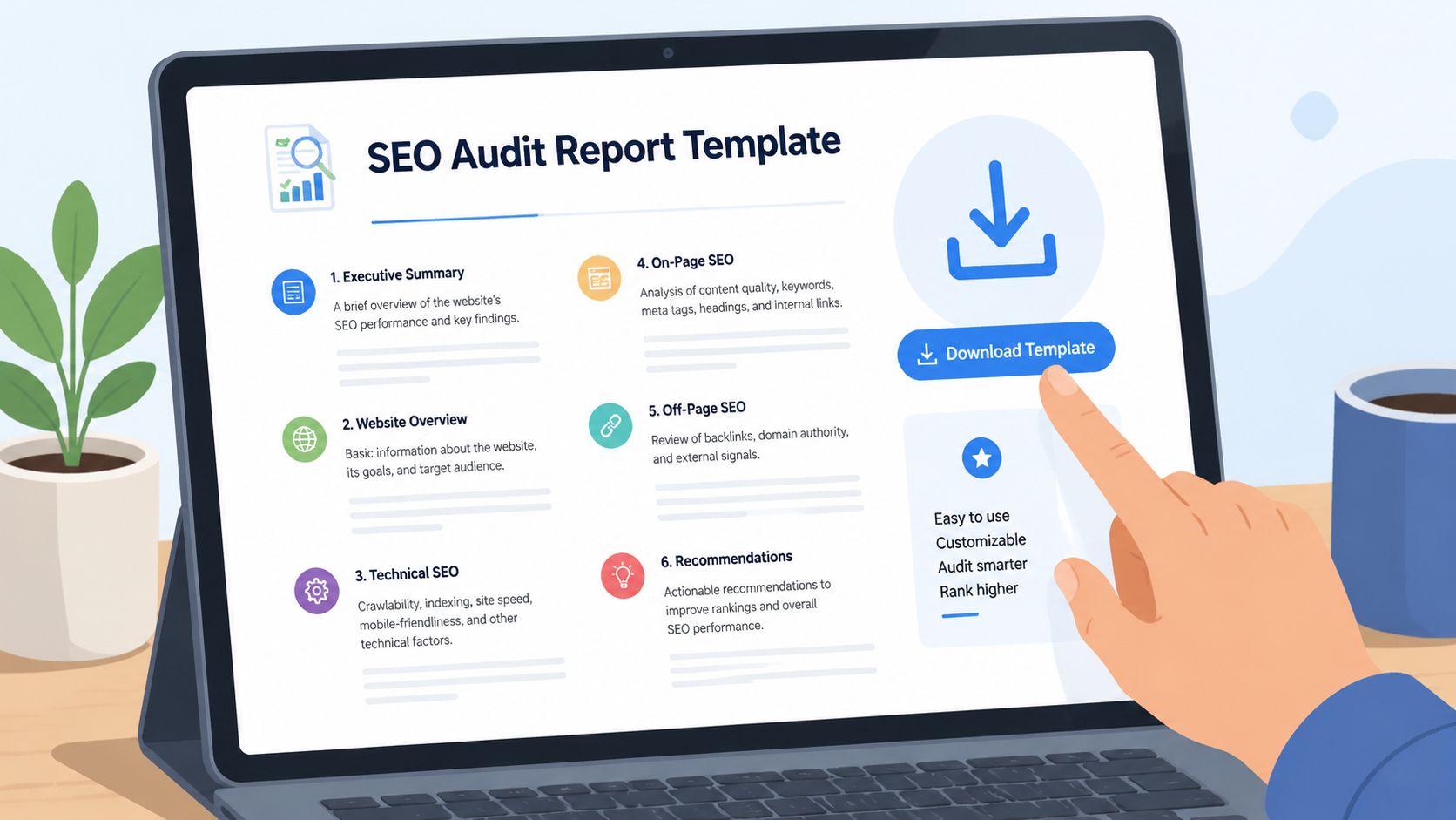 A digital screen showing an SEO audit report template with a hand clicking the download button.