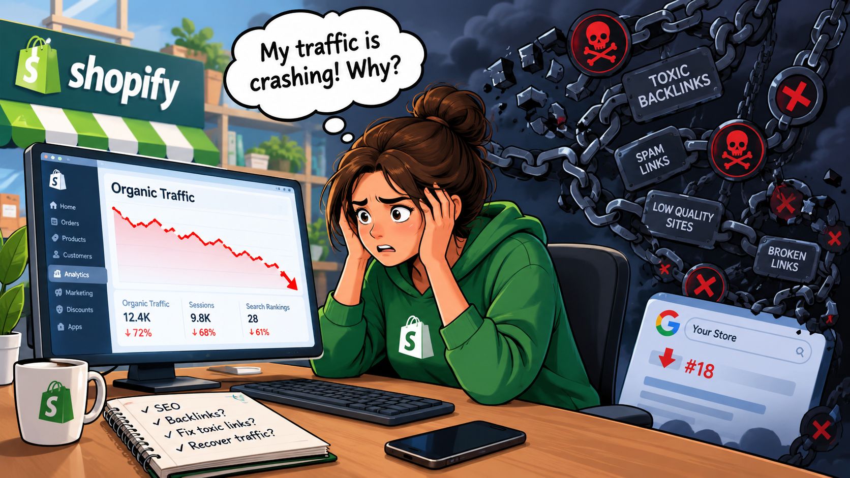 A distressed Shopify store owner analyzing a sharp decline in organic search traffic and toxic backlink issues.