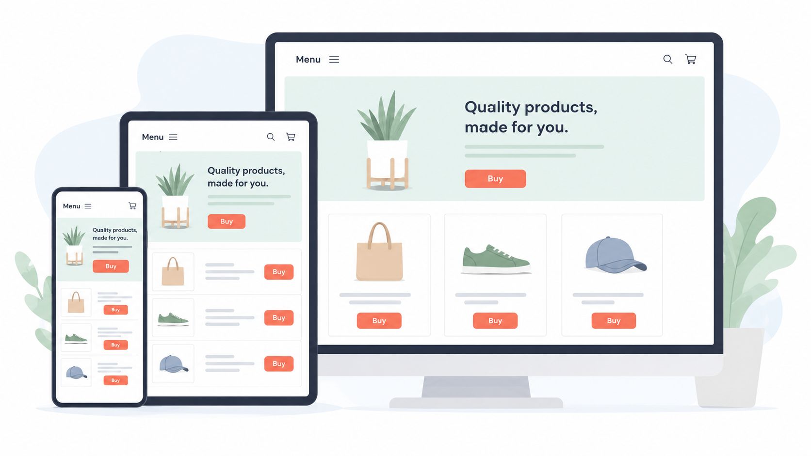 A digital illustration showing a responsive e-commerce website design displayed on mobile, tablet, and desktop screens.