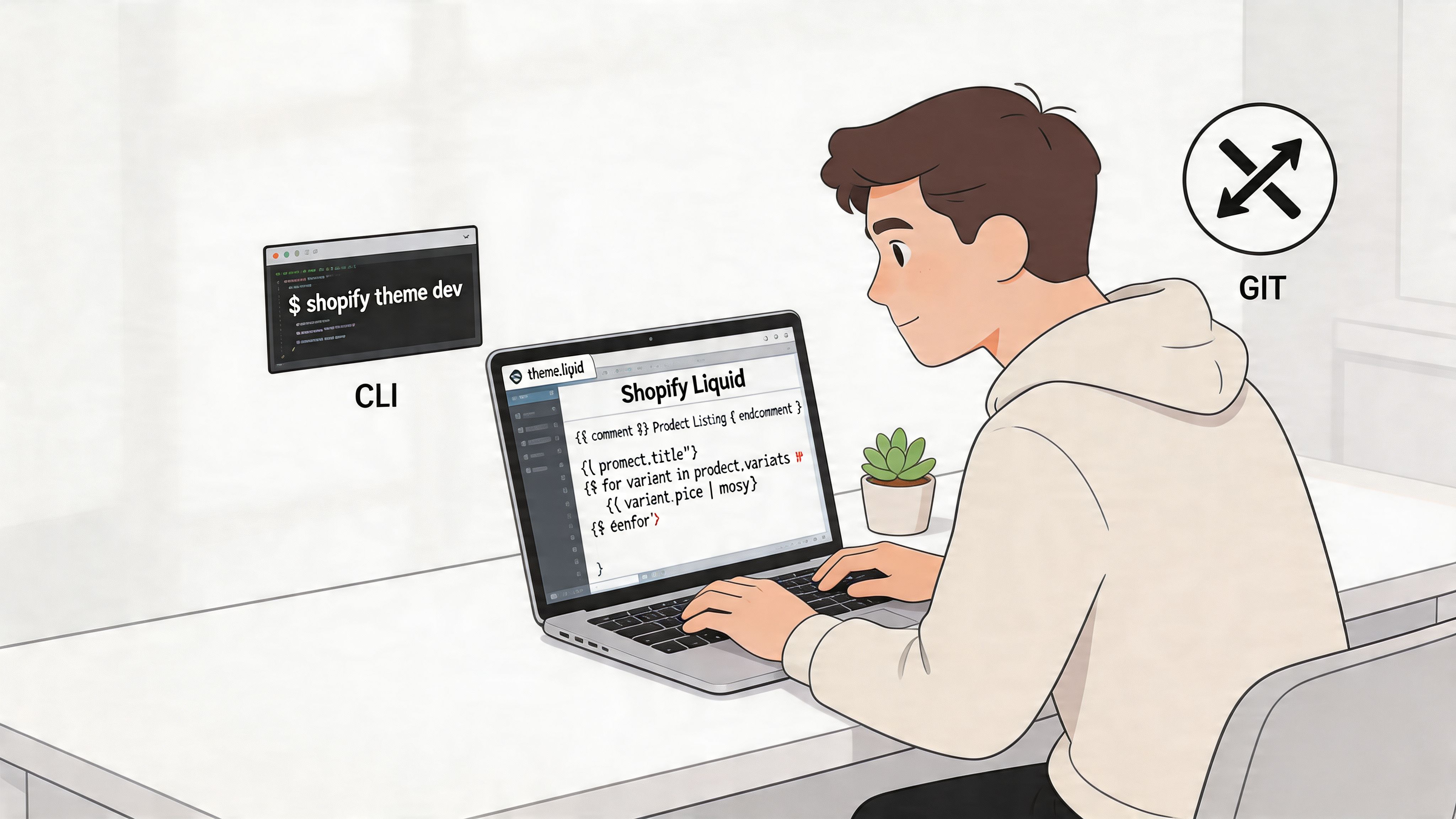 A person writing Shopify Liquid code on a laptop with CLI and Git tools in the background.