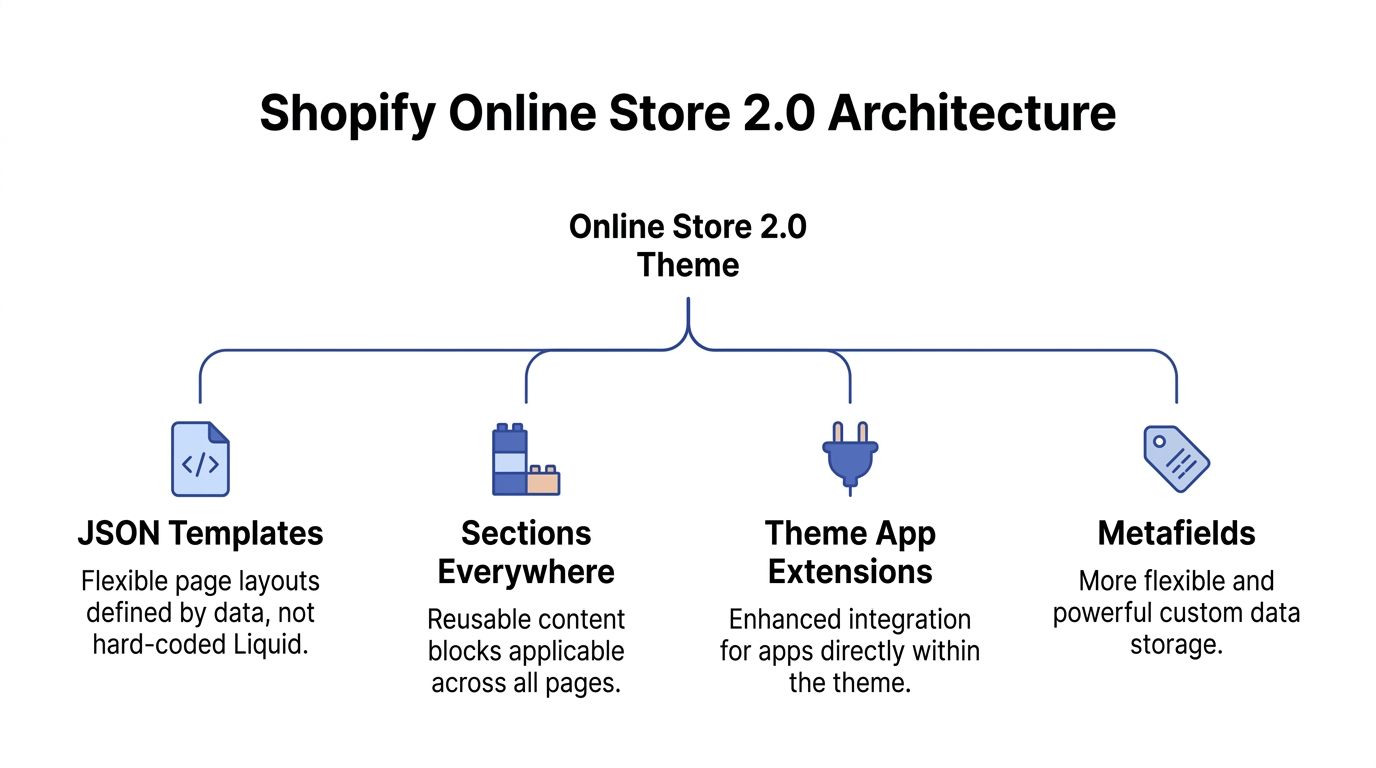 A diagram outlining the architecture of Shopify Online Store 2.0, showing its core components and their key functions.